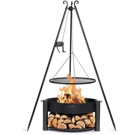 Kit Braciere da giardino "MONTANA" da 80 cm con griglia a treppiede da 180 cm con verricello e griglia in acciaio naturale da 70 cm