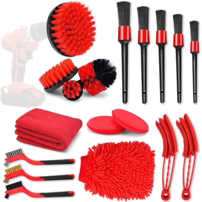 Kit Brosse Nettoyage Voiture,18 Pièces Pinceau Detailing Auto,Kit de Brosse Nettoyage Voiture Interieur Exterieur,Brosse Nettoyage Perceuse