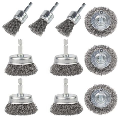 Kit brosses métalliques perceuse - Lot de 10, acier au carbone, queue hexagonale 1/4 pouce, décapage rouille peinture