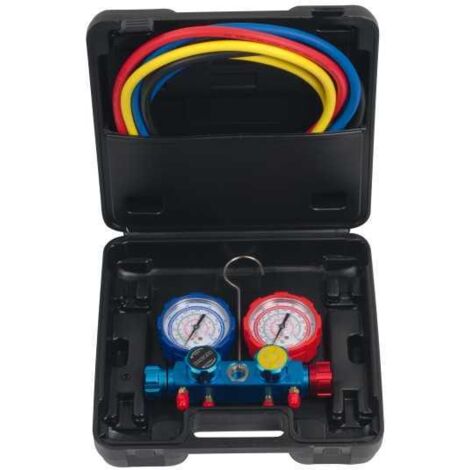 Kit bypass 4 voies – Mallette robuste avec 3 flexibles 1500mm – Compatible réfrigérants R410, R32, R134, R407 – Lecture pression et température – Dszh