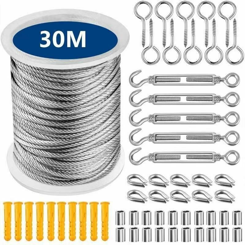 Trimec - Kit Câble Inox, Câble Acier Gainé 2mm + Œillet à Vis + Tendeur Câble Inox Serre + Vis, Câble Acier pvc Plastifié Corde à Linge Suspension