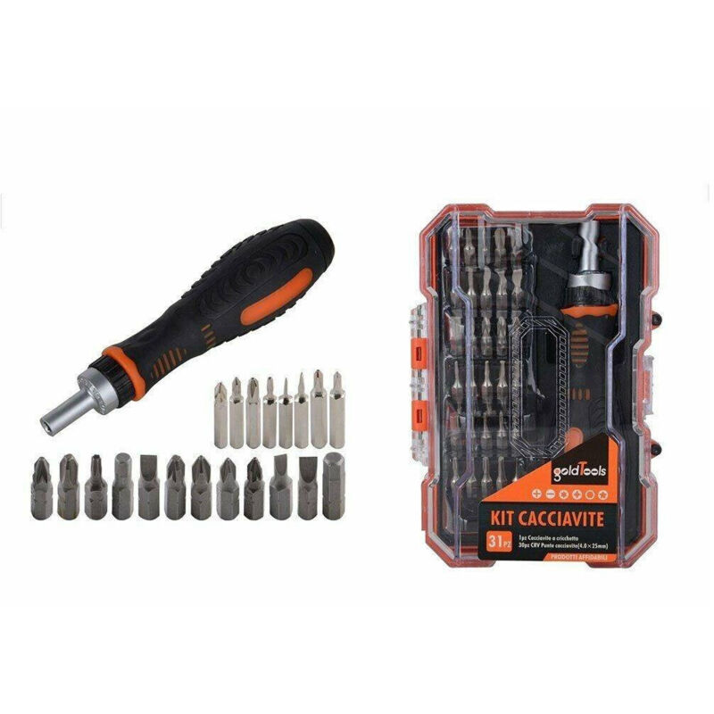 Trade Shop Traesio - Kit Cacciavite Cricchetto Multiuso 31 Pz Con Punte Phillips Croce Torx Magnetico -