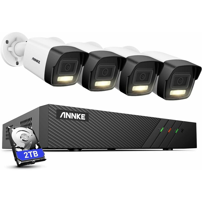 Kit Caméra de Surveillance 3K, Détection de Personnes/Véhicules 4X 3K PoE Caméra ip Filaire avec Projecteur Extérieur et 8CH 2TB hdd nvr pour
