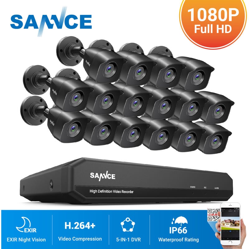 Sannce - Kit Caméra de surveillance filaire 16 ch 5 en 1 dvr enregistreur + Caméra extérieur hd 1080P Vision nocture 20m - 16 caméras sans disque dur