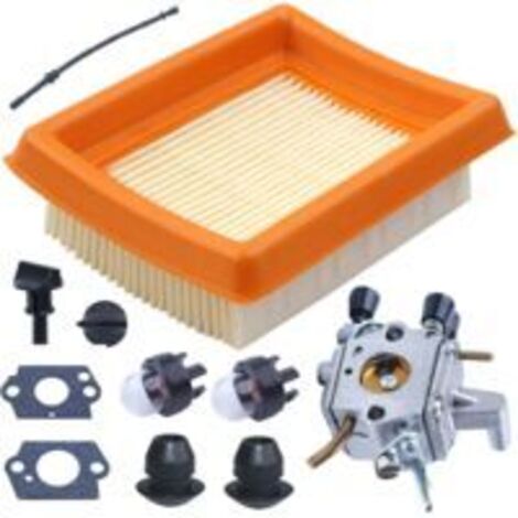 Kit carburateur pour débroussailleuse Stihl FS120, FS200, FS020, FS202, FS300 et FS350, comprenant : lame, joint, filtre à air, durite d'essence et pompe d'amorçage.