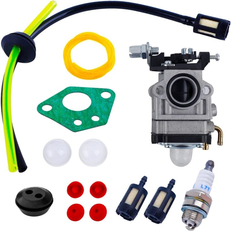 Coocheer - Kit carburateur pour tondeuse à gazon 52cc, 49cc, 43cc avec joint, tuyau, bougie d'allumage et filtre à carburant (14 pièces)