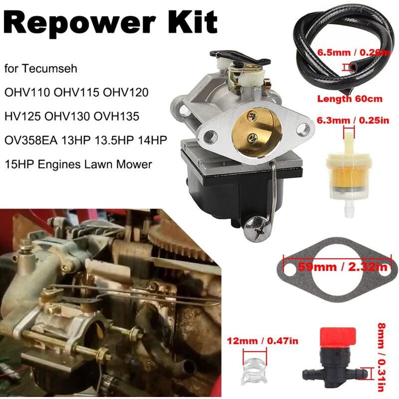 Kit carburateur pour tondeuses à gazon Tecumseh 640065A, 640065, OV358EA, OVH135, OHV110, OHV115, OHV120, OHV125, OHV130, 50-654, 13-15 ch, avec
