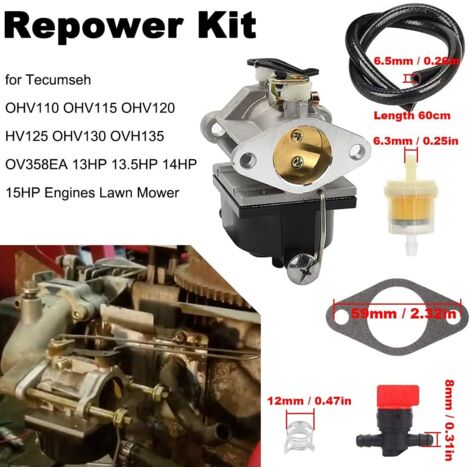 Kit carburateur pour tondeuses à gazon Tecumseh 640065A, 640065, OV358EA, OVH135, OHV110, OHV115, OHV120, OHV125, OHV130, 50-654, 13-15 ch, avec joint de conduite de carburant