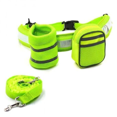 Kit Ceinture Laisse Chien Mains Libres - Réfléchissant - Jaune - Pour Course et Jogging - 2 Pochettes