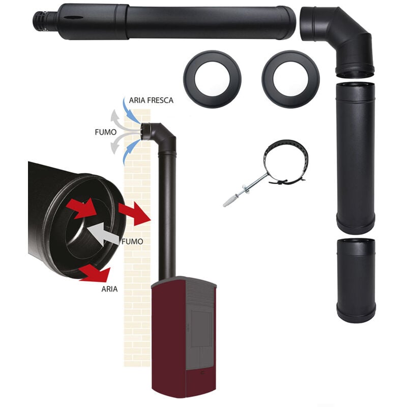 Kit Cheminee pour poele a pellets avec sortie coaxiale superieure dn 80 125 prise d'air d'evacuation des fumees fabrique en Italie
