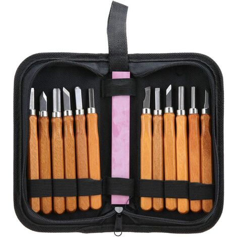 Kit Ciseau Bois, 13pcs outils de sculpture sur bois ensemble couteau à découper le bois compact à la main pour le travail du bois avec meule idéal pour artisanat menuiserie débutants sculpteurs