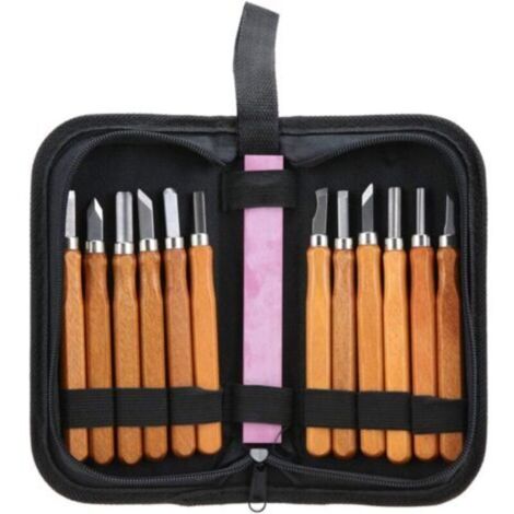 Kit Ciseau Bois, 13pcs outils de sculpture sur bois ensemble couteau à découper le bois compact à la main pour le travail du bois avec meule idéal pour artisanat menuiserie débutants sculpteurs