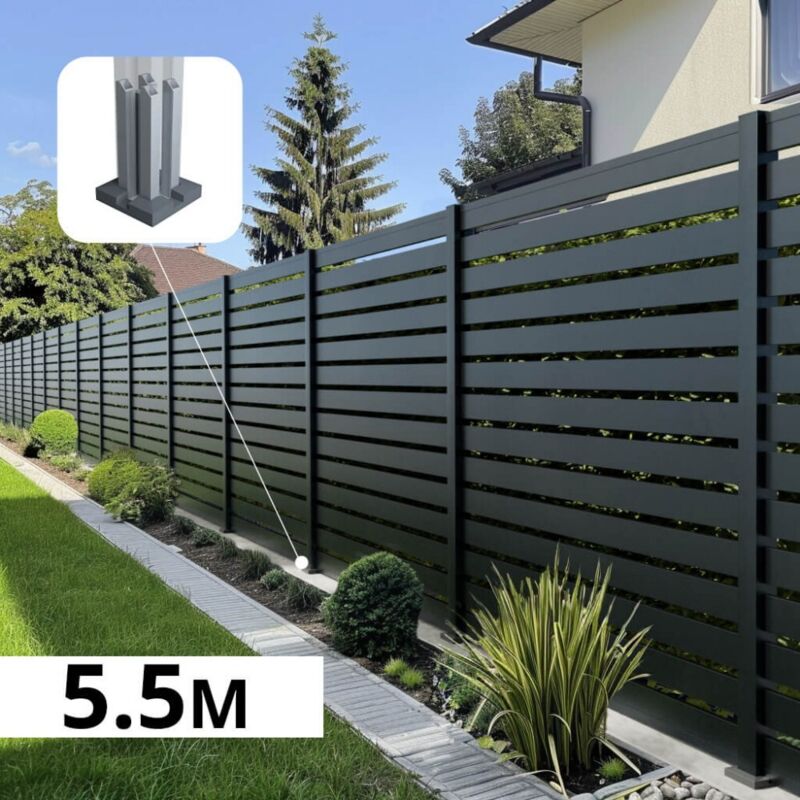 Kit Clôture Ajourée Aluminium OLINDA Anthracite 5,5x1,8m Poteaux sur Platines - Dimension des Lames : 21x100x1780 mm - Brise vue - Palissade