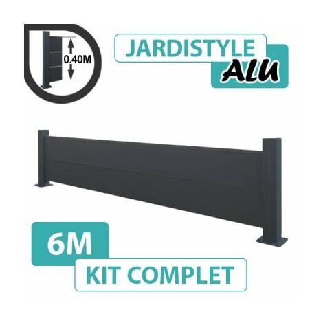 Kit Clôture Aluminium Gris Anthracite 6M - Pleine - Sur Platines - 0,40 mètre