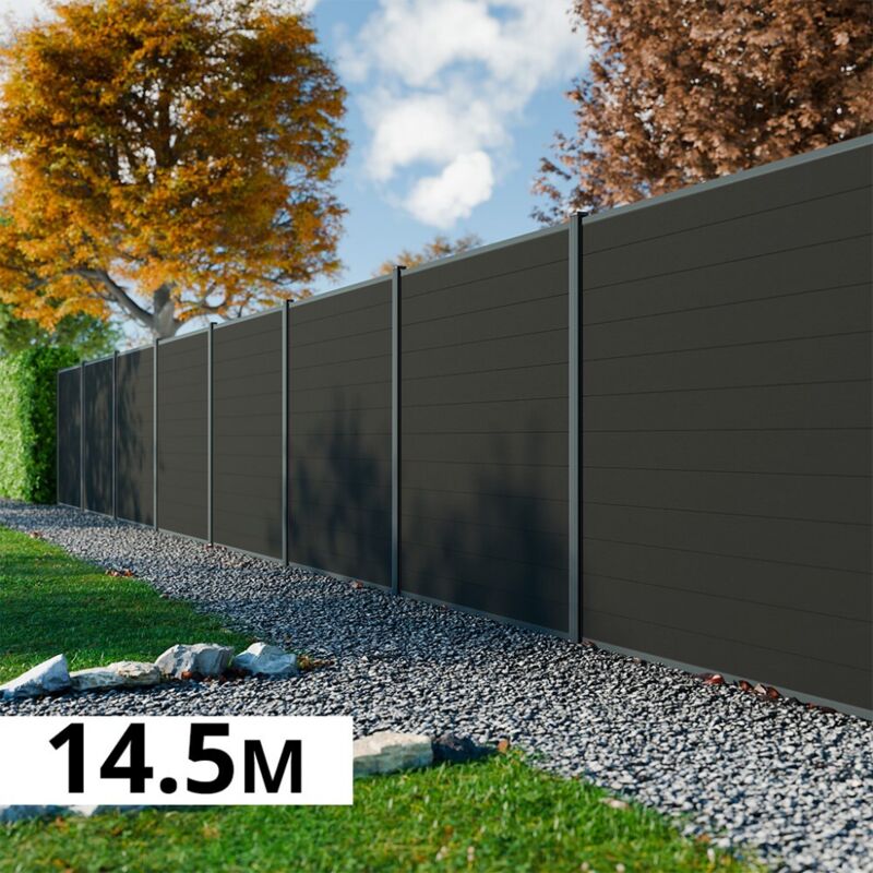 Kit Clôture Bois Composite Anthracite 14,5x1,8m RIO - Poteaux en Aluminium Gris - Brise Vue - Palissade