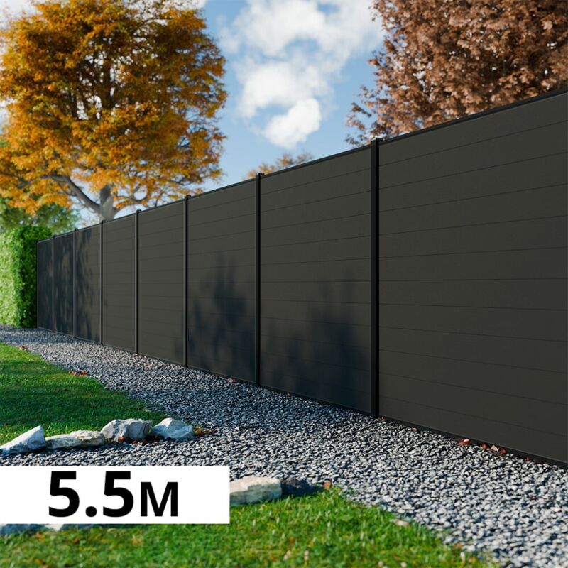 Kit Clôture Bois Composite Anthracite 5,5x1,8m RIO - Poteaux en Aluminium Noir - Brise Vue - Palissade