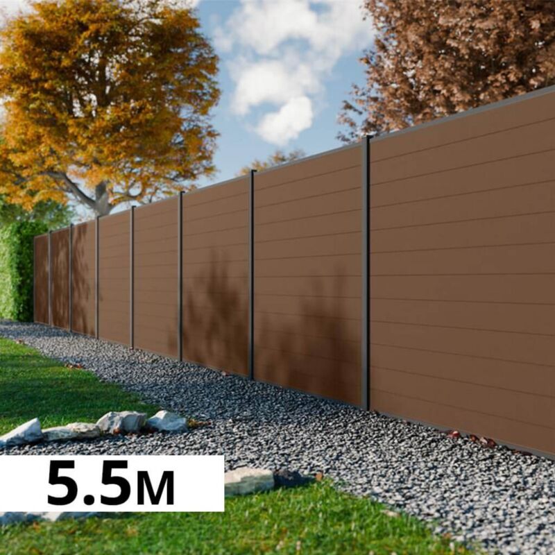 Kit Clôture Bois Composite Bronze 5,5x1,8m RIO - Poteaux en Aluminium Gris - Brise Vue - Palissade