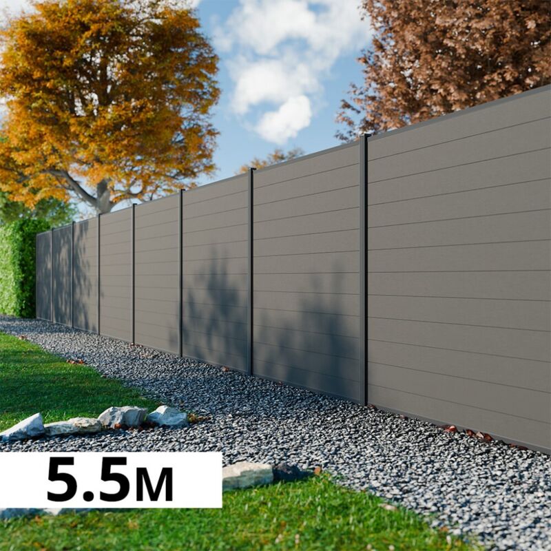 Kit Clôture Bois Composite Platine 5,5x1,8m RIO - Poteaux en Aluminium Gris - Brise Vue - Palissade