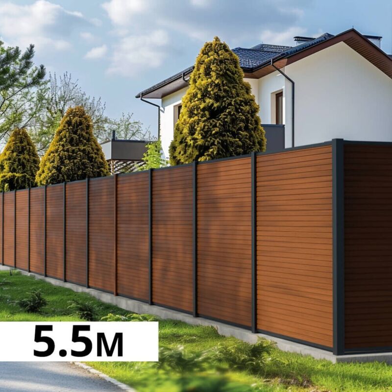 Kit Clôture Bois Composite Teck 5,5x1,8m SANTOS - Poteaux en Aluminium Gris - Brise Vue - Palissade
