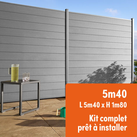 Kit clôture composite et aluminium à sceller H 1m80 L 5m40 gris quartz avec renforts acier - Palissade - Brise vue