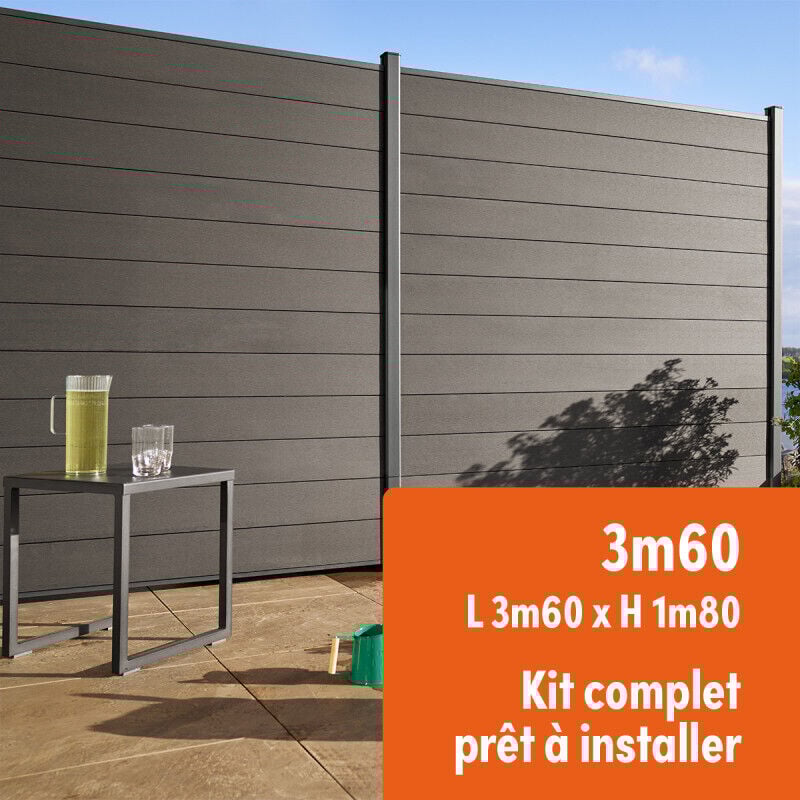 Kit clôture composite et aluminium H 1m85 L 3m60 gris anthracite avec renforts acier