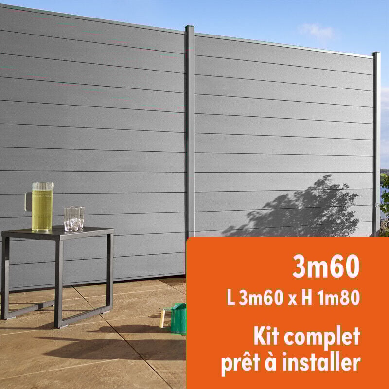 Gardenode - Kit clôture composite et aluminium h 1m85 l 3m60 gris quartz avec renforts acier