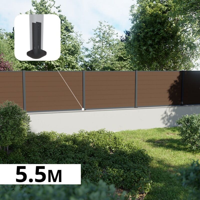 Kit Clôture Composite sur Muret RIO Bronze 5,5x1,2m - Bois composite & Aluminium - Poteaux sur Platines Gris - Brise vue