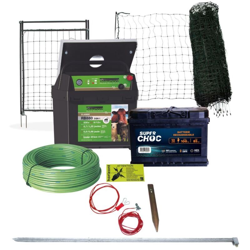 Beaumont - Kit clôture mobile volailles filet 50m poste mixte et solaire