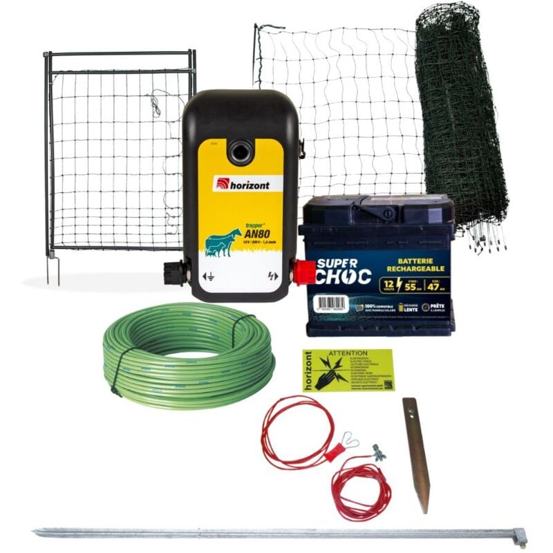 Horizont - Kit clôture mobile volailles filet 50m poste mixte premium