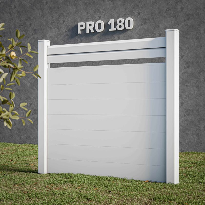 Kit Clôture pro pvc Blanc h. 180 cm x l. 5.70 m - 2 Lisses claire-voie + 7 Soubassements