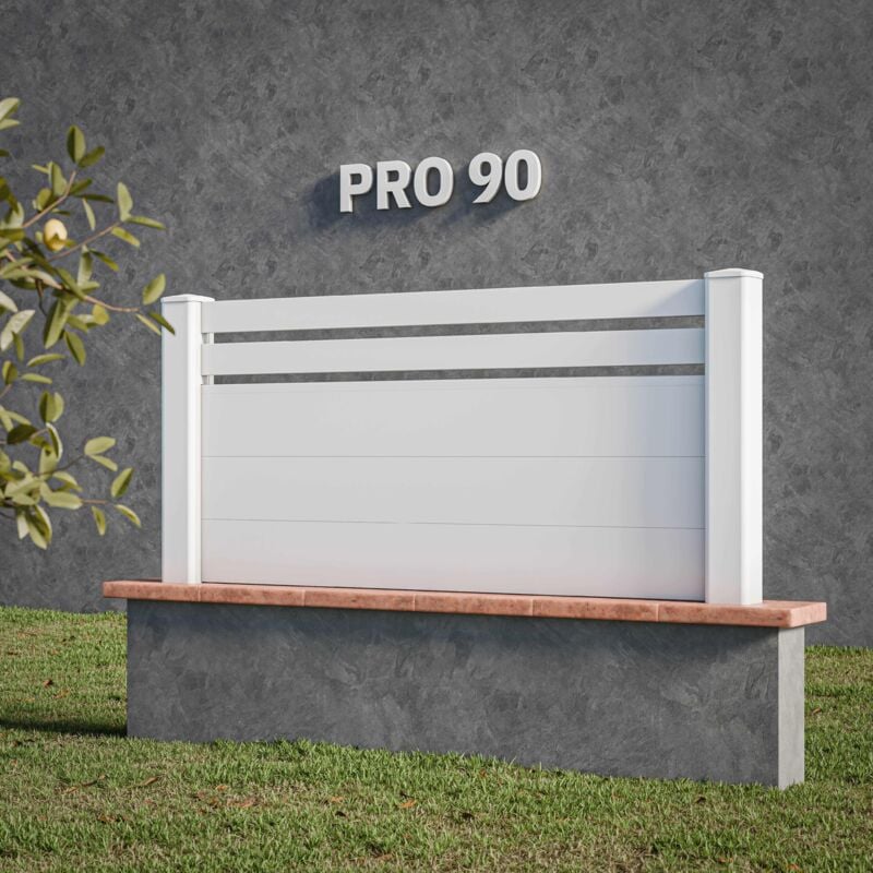 Mon Marché Déco - Kit Clôture pro pvc Blanc h. 90 cm x l. 5.70 m - 2 Lisses + 3 Soubassements
