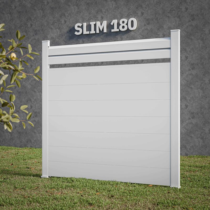 Kit Clôture slim pvc Blanc h. 180 cm x l. 5.60 m - 2 Lisses claire-voie + 7 Soubassements
