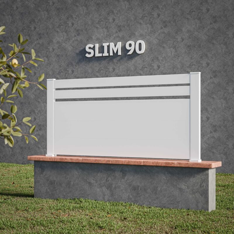Kit Clôture slim pvc Blanc h. 90 cm x l. 5.60 m - 2 Lisses + 3 Soubassements