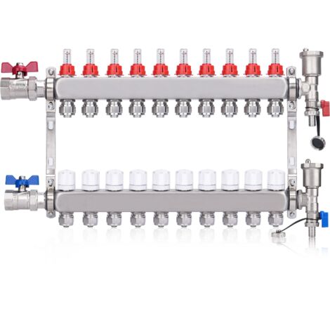 Kit Collecteur Radiateur, 10 Circuits Distributeur Chauffage, avec Eurocône 3/4 (20 x 2 mm), Vannes à Boisseau Sphérique 1", avec Purgeur Manuel et Débitmètre, Distributeur HKV