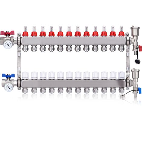 Kit Collecteur Radiateur, 12 Circuits Distributeur Chauffage, avec Thermomètreavec, avec Eurocône 3/4 (16 x 2 mm), Vannes à Boisseau Sphérique 1", avec Purgeur Manuel et Débitmètre, Distributeur HKV