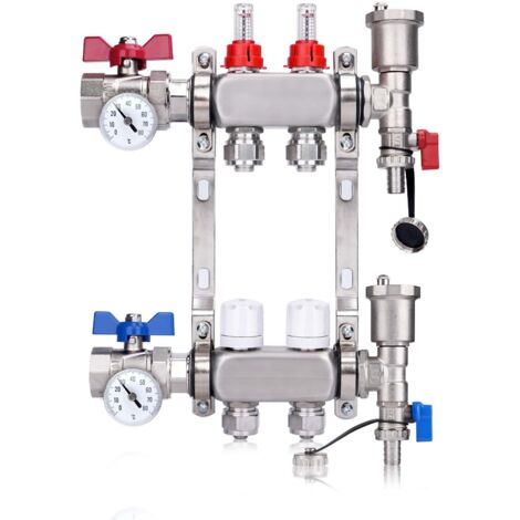 Kit Collecteur Radiateur, 2 Circuits Distributeur Chauffage, avec Thermomètreavec, avec Eurocône 3/4 (20 x 2 mm), Vannes à Boisseau Sphérique 1", avec Purgeur Manuel et Débitmètre, Distributeur HKV