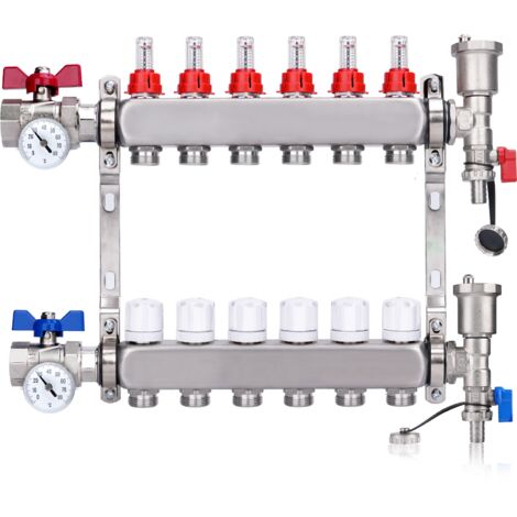 Kit Collecteur Radiateur, 6 Circuits Distributeur Chauffage, avec Thermomètreavec, Vannes à Boisseau Sphérique 1", avec Purgeur Manuel et Débitmètre, Raccords pour Eurocône 3/4, Distributeur HKV