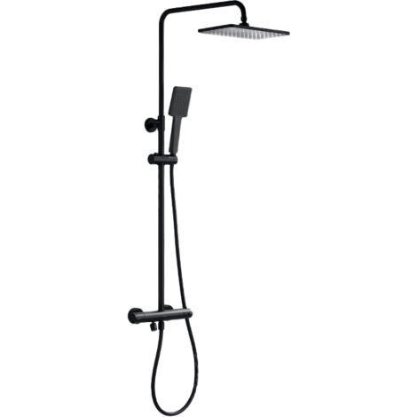 Kit Colonna Doccia con Rubinetto Termostatico Antiscottatura, Miscelatore Doccia Nero con Soffione 25x25cm, Doccetta, Asta Doccia in Acciaio Inox e Flessibile Doccia in PVC