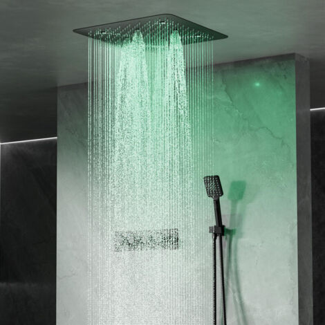 Kit colonna doccia multifunzione OihPaw, colonna doccia da incasso senza miscelatore, colonna doccia con soffione e doccia, con luce ambiente LED colorata, set doccia, colonna doccia nera