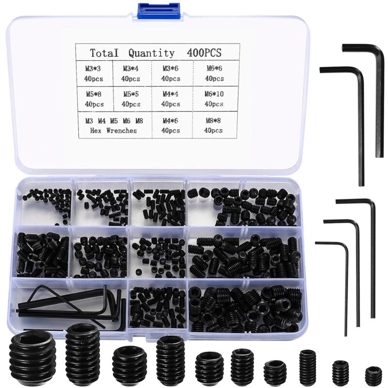 Kit combiné de vis de serrage, 400 pièces M3/M4/M5/M6/M8, jeu de vis à tête creuse hexagonale, vis noires à tête creuse hexagonale pour poignées de