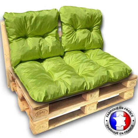 Kit complet 3 coussins palette imperméable vert 1 assise + 2 dossiers 120x80 cm