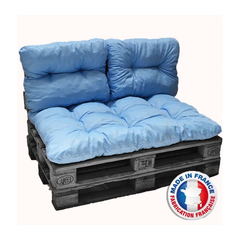Kit complet 3 coussins palette polyester bleu clair 1 assise + 2 dossiers 120x80 cm