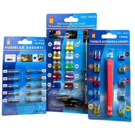 Kit complet de fusibles pour voiture, moto comprenant des fusibles plats, cylindriques, pince et testeur