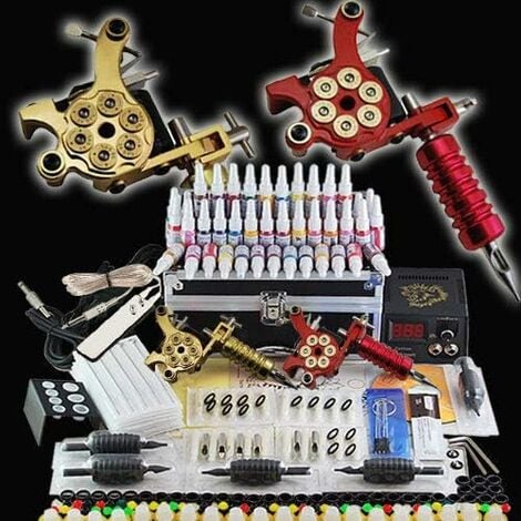 Kit complet de machine à tatouer professionnel - Machine à tatouer professionnelle - 40 bouteilles d'encre - 50 aiguilles de tatouage - 2 machines à tatouer
