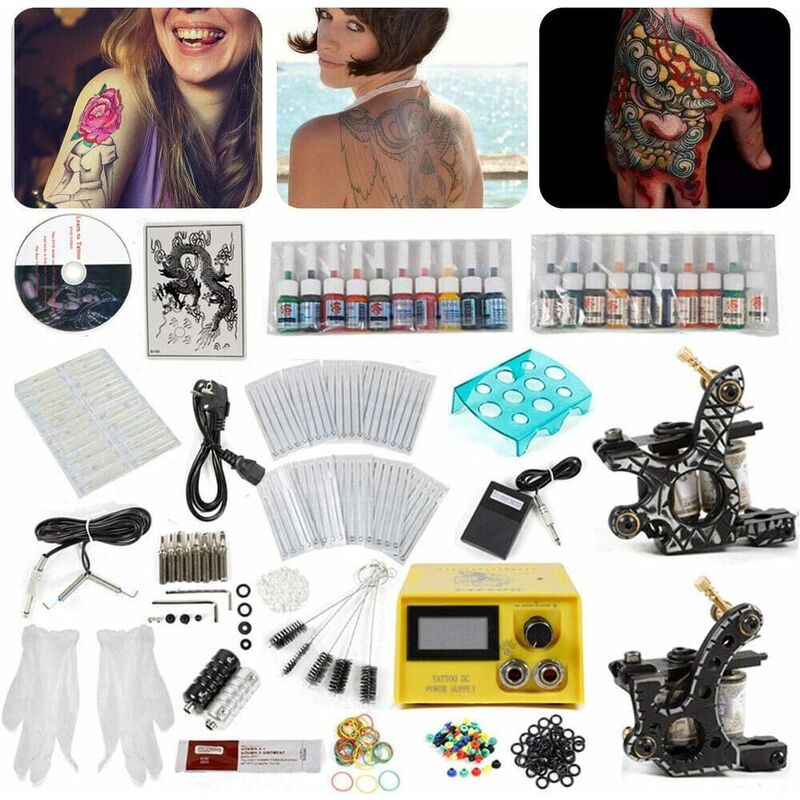 Senderpick - Kit complet de machine à tatouer professionnelle avec 20 bouteilles d'encres à tatouer, 50 aiguilles à tatouer, bloc d'alimentation,