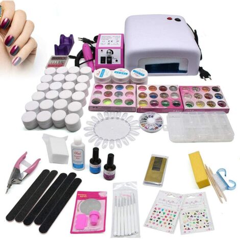 Kit complet de nail art professionnel BS avec 36 gels UV, lime, bloc polissoir, pinceau, lampe UV de 36 W, accessoires de décoration, formes d'ongles, pads et 2 cadeaux