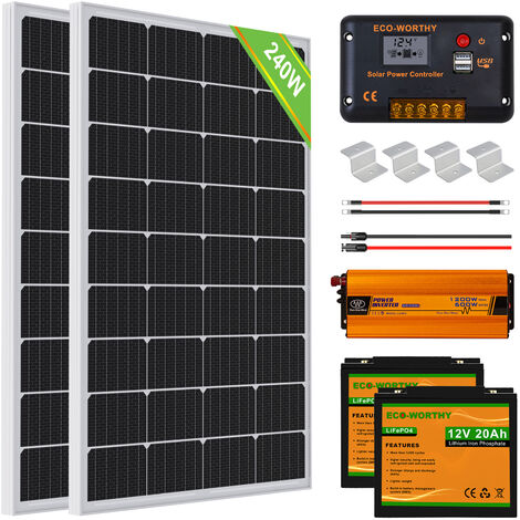 main image of "Kit complet de panneau solaire ECO-WORTHY 240W avec batterie lithium LiFePO4 20Ah 12V pour bateau, maison, caravane"