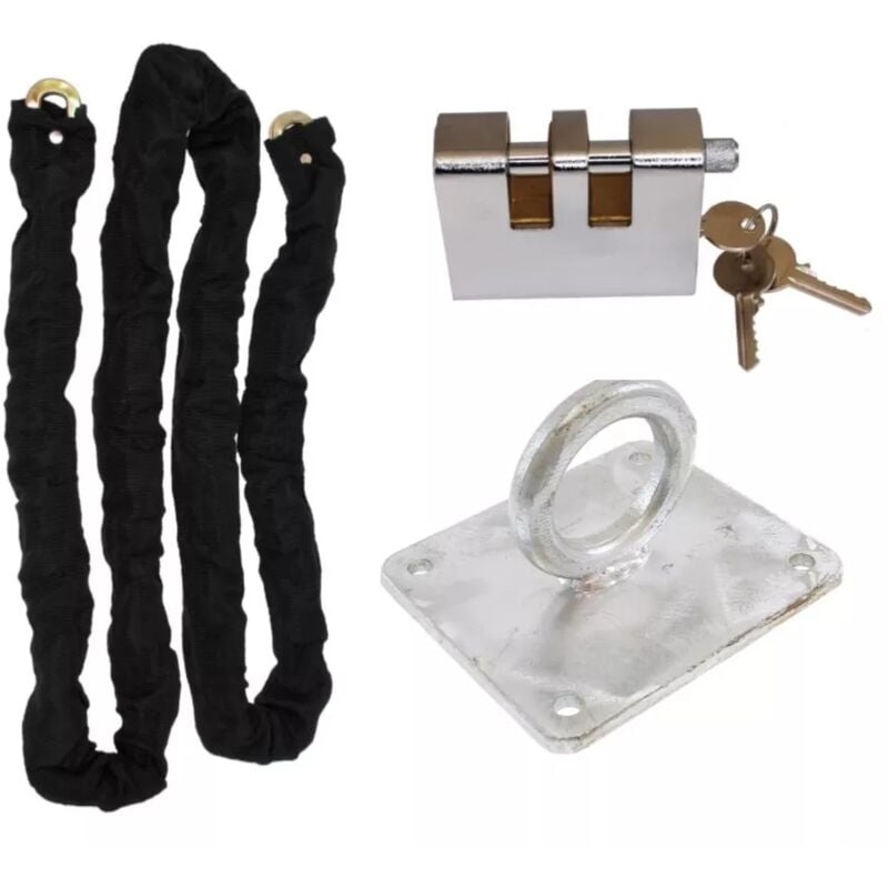 Kit complet de sécurisation au sol - Cadenas (s'entrouvrant) blindé 3 clés + Chaîne 2m acier trempé + Anneau boulonné