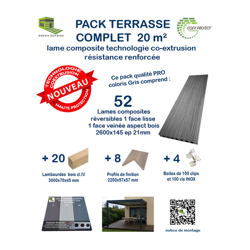 Green Outside - Kit complet 20 m² terrasse composite Coexprotect® coloris Gris