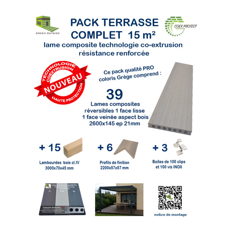 Green Outside - Kit complet 15 m² terrasse composite Coexprotect® coloris Grege